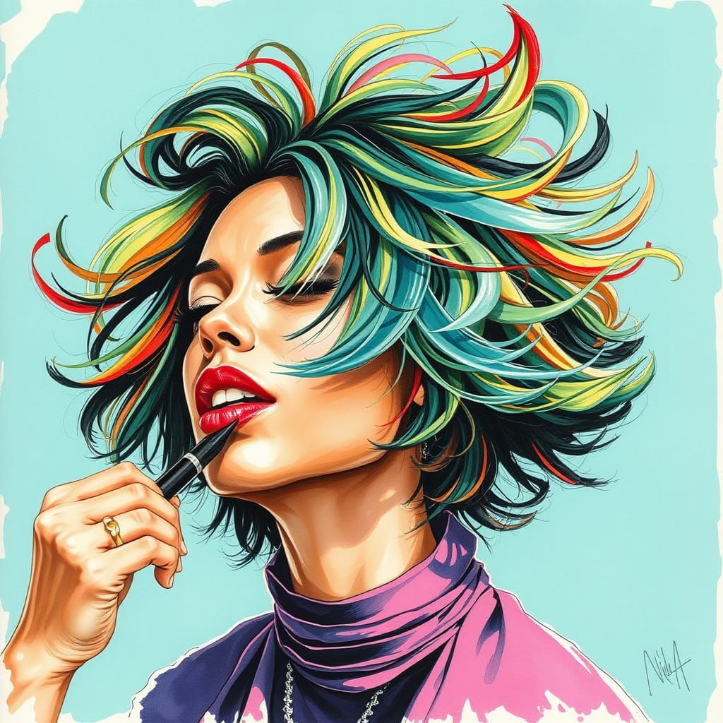 Dynamic Hairdresser Portrait in Watercolor and Pen Style