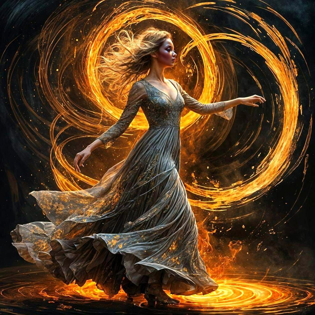 Silhouette of Dancing Girl with Swirling Fire