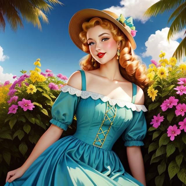 Beautiful Woman in Pin-Up Style on Sunny Day