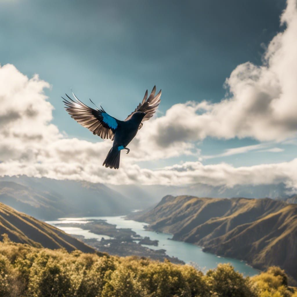 Tui in Flight Over New Zealand, Soft Light