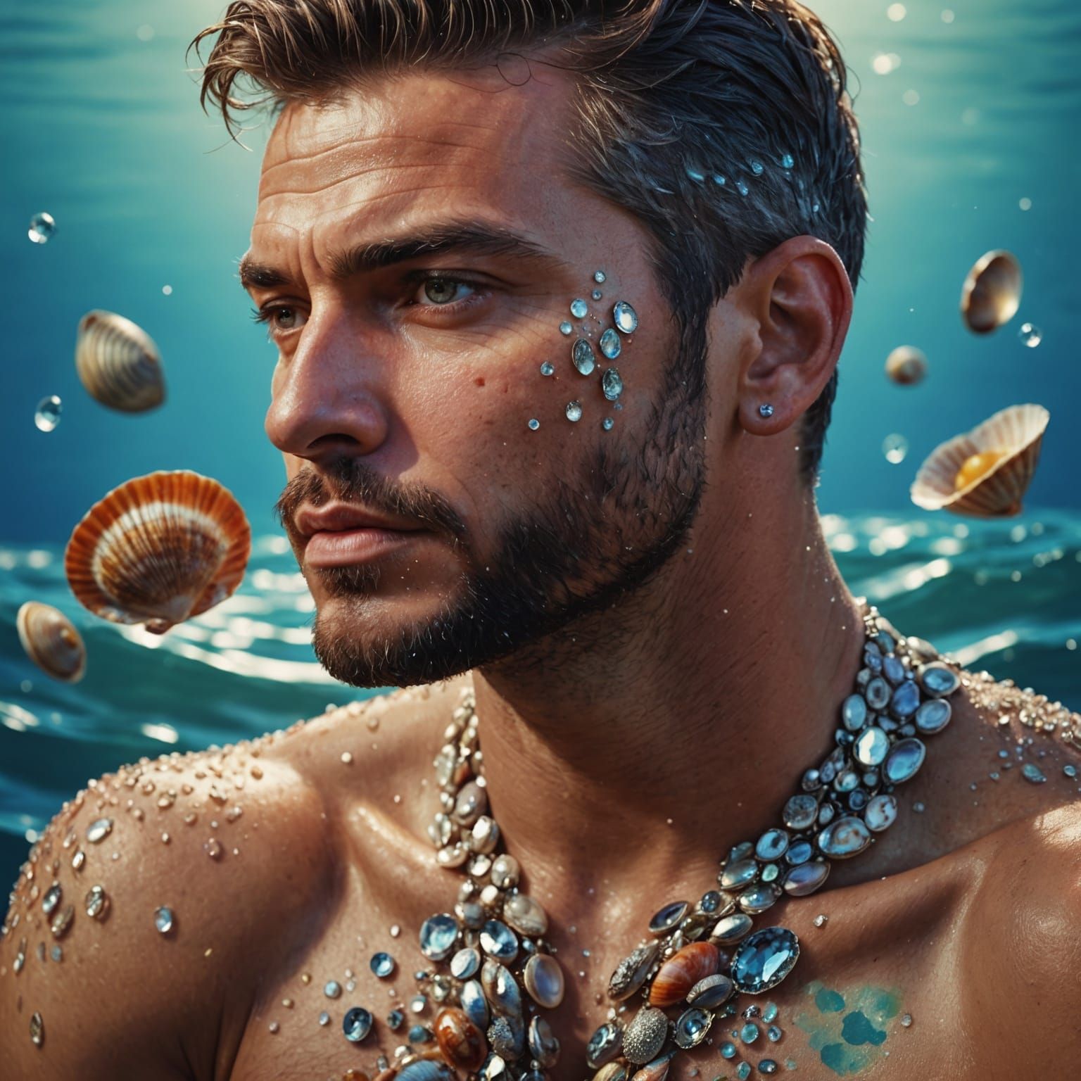 Hyperrealistic Man Adorned with Diamonds and Clams