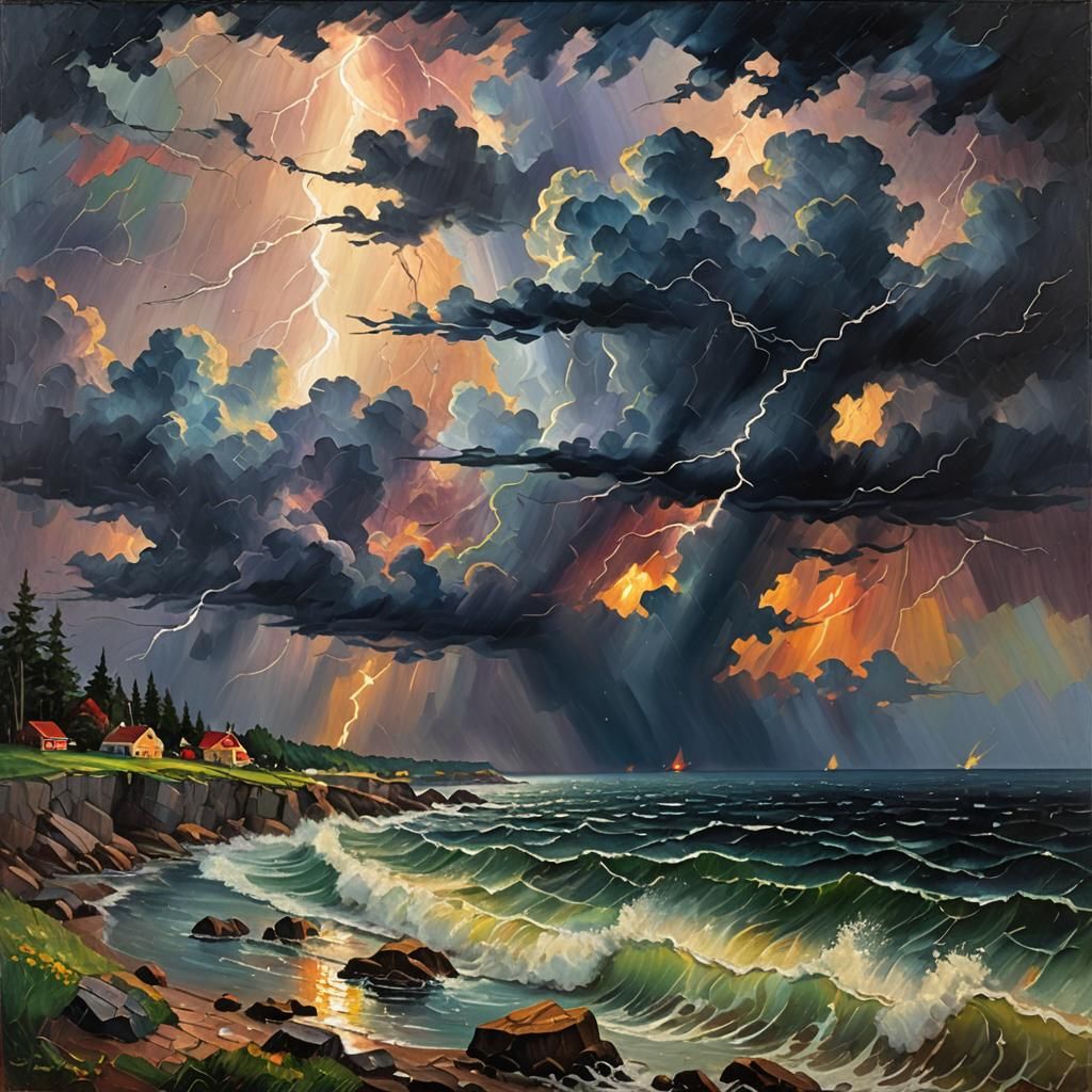 Maine Coast Thunderstorm in Neo-Impressionist Oil Paint