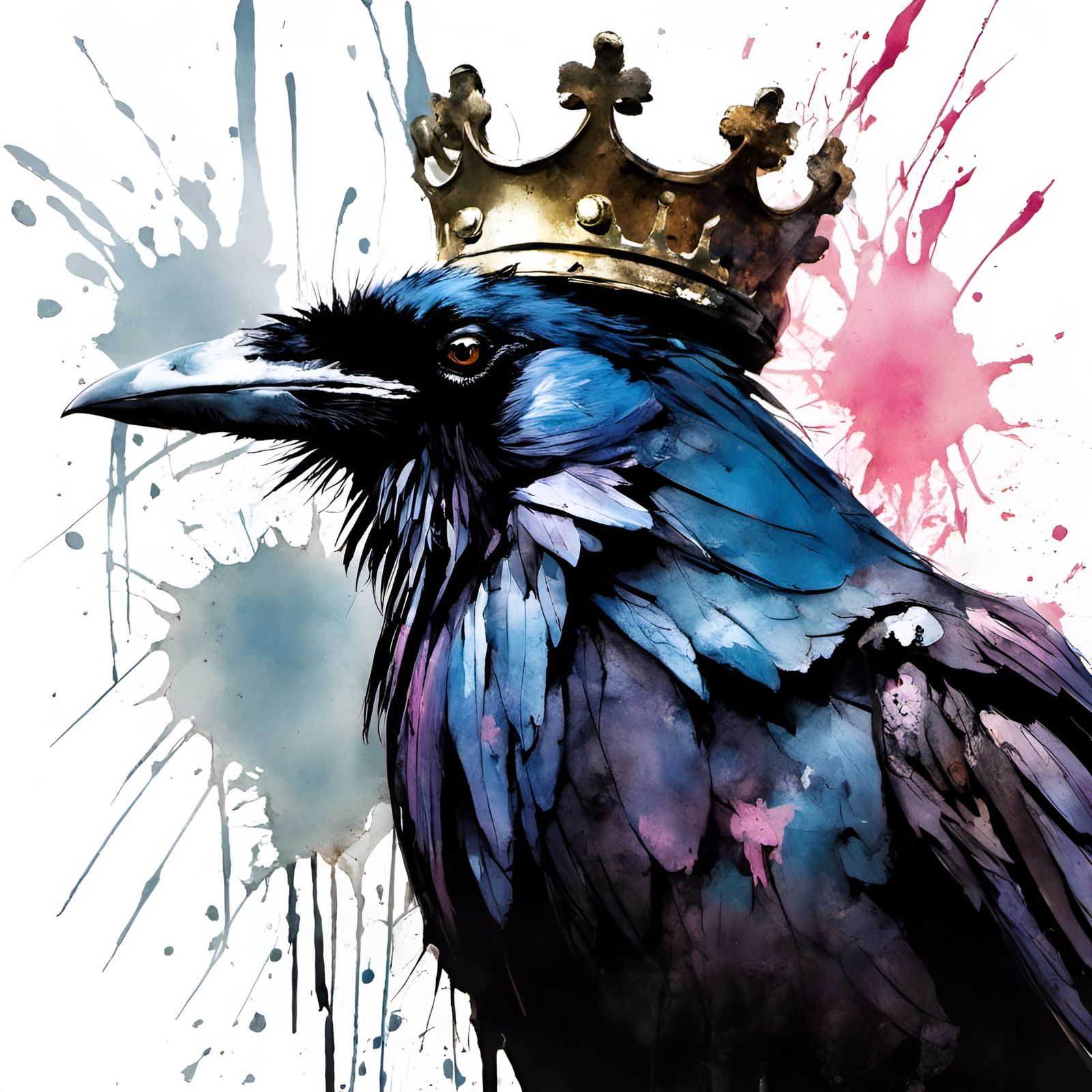 Crowned Raven Portrait in Colorful Splash Art Style