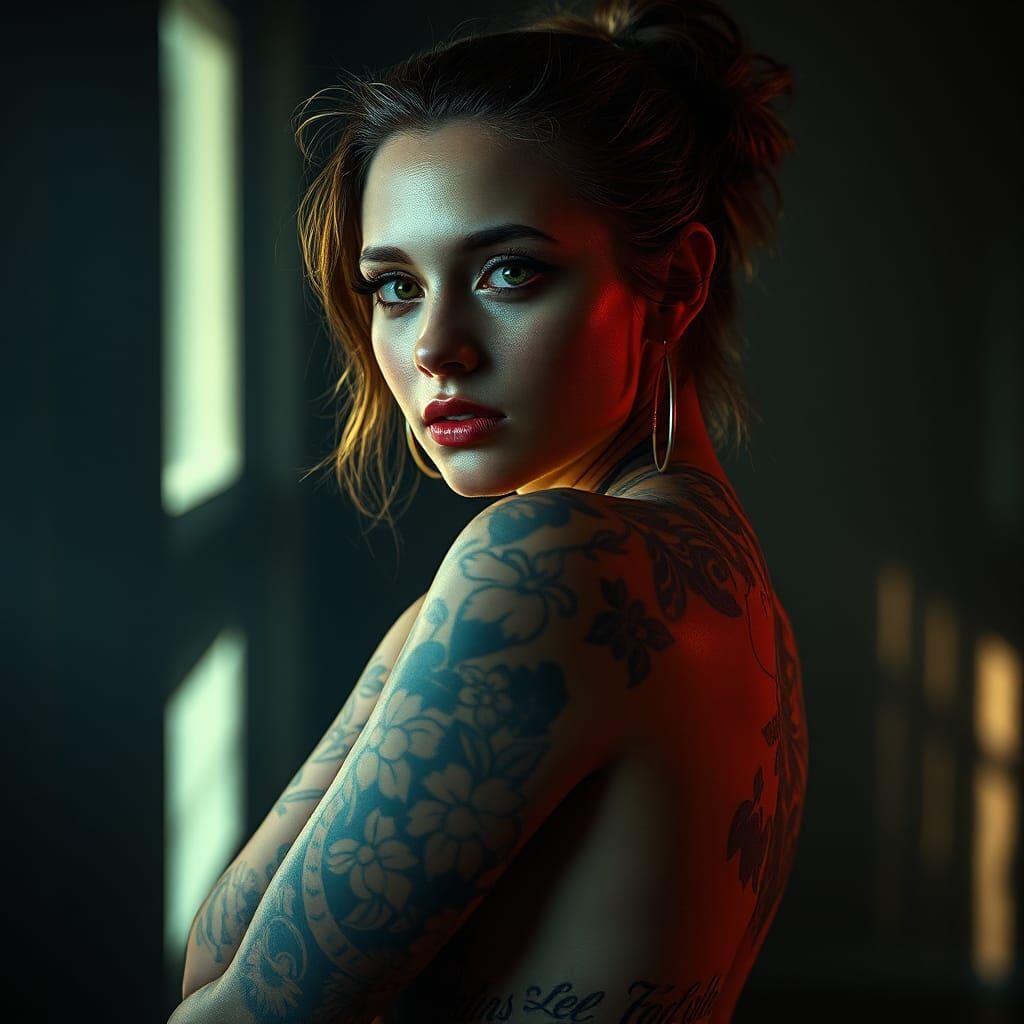 Tattooed Woman in Moody, Hyperrealistic Portrait