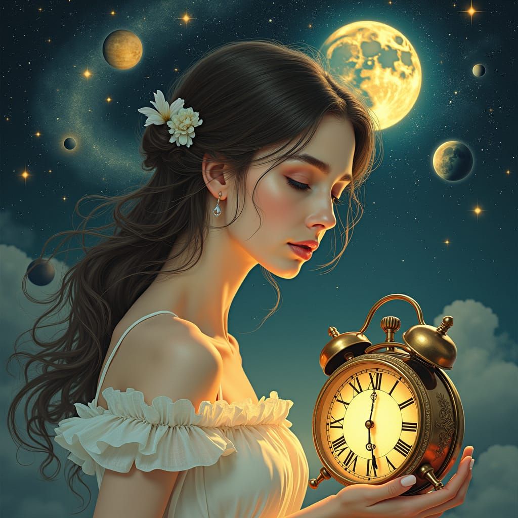 Ethereal Woman with Cosmic Galaxy and Timepiece