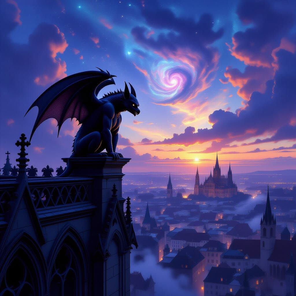 Gargoyle Over Ancient City at Twilight