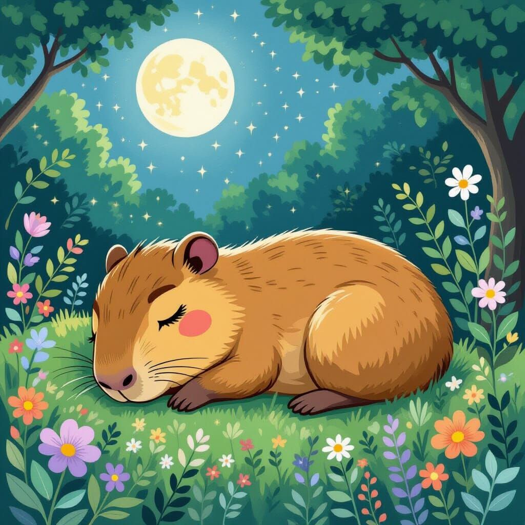 Sleeping Capybara in Moonlight, Whimsical Illustration