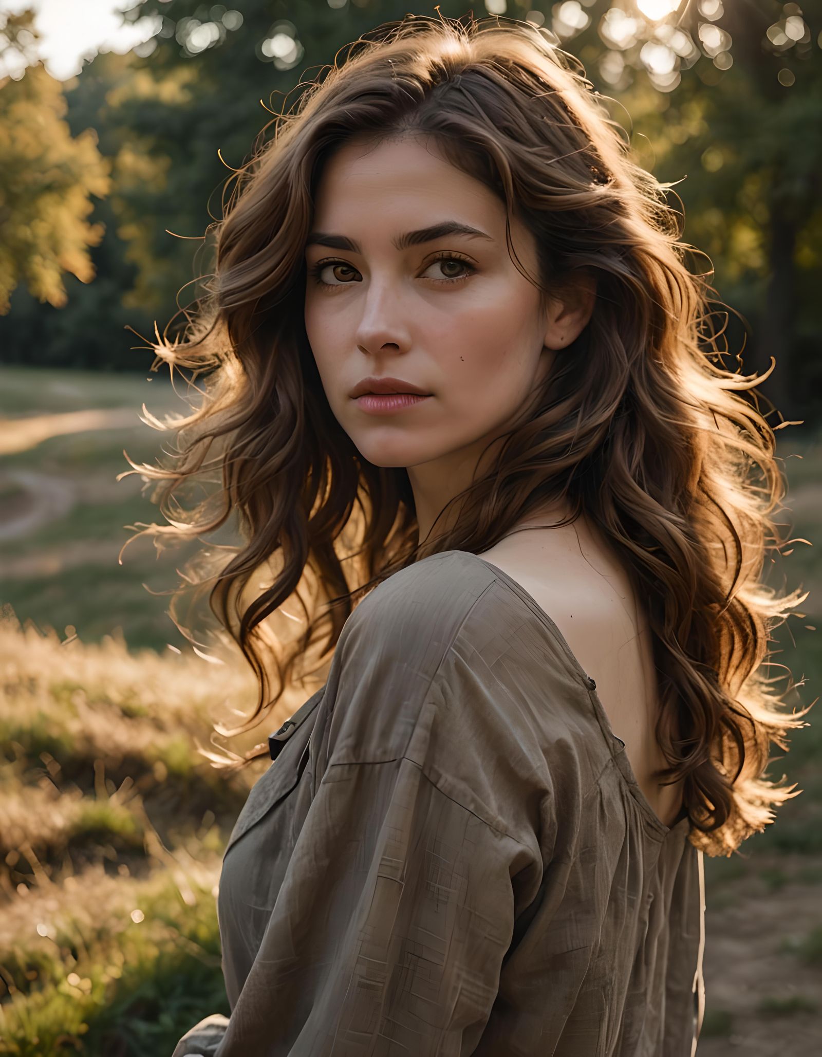 Woman Gazing Back on Beach at Sunset