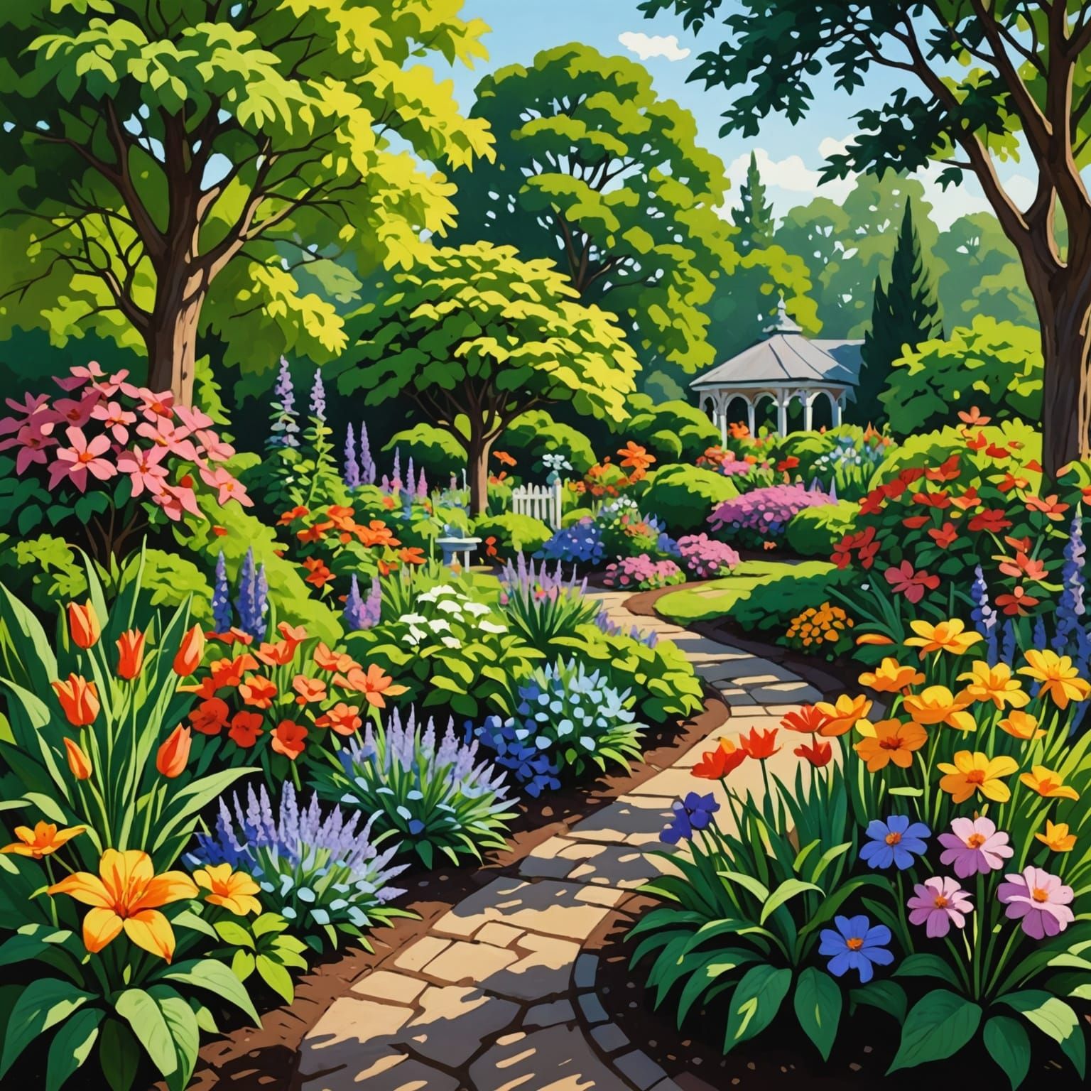 Whimsical Garden Oasis in Impressionist Style
