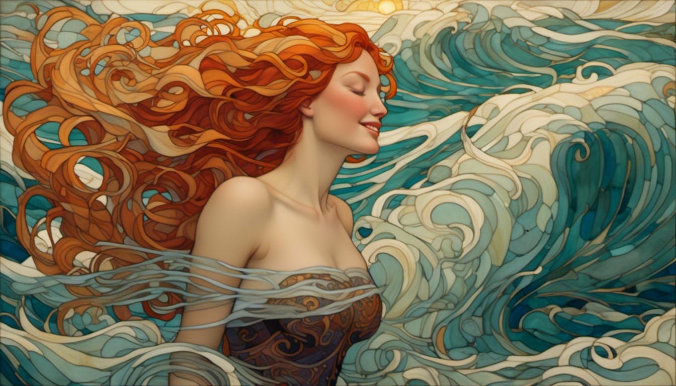Art Nouveau Woman Emerges From Waves