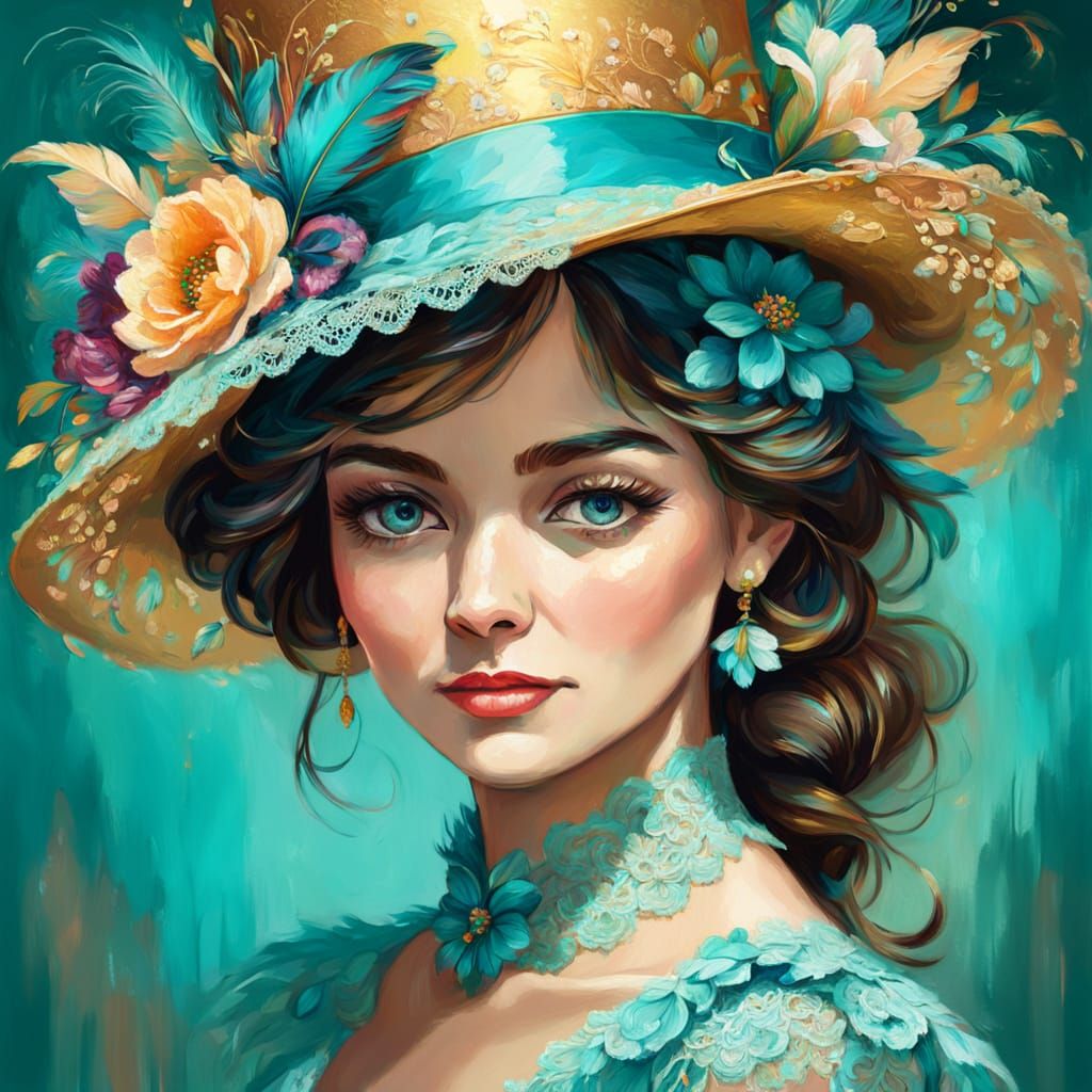 Woman in Turquoise Hat: Impressionist Portrait