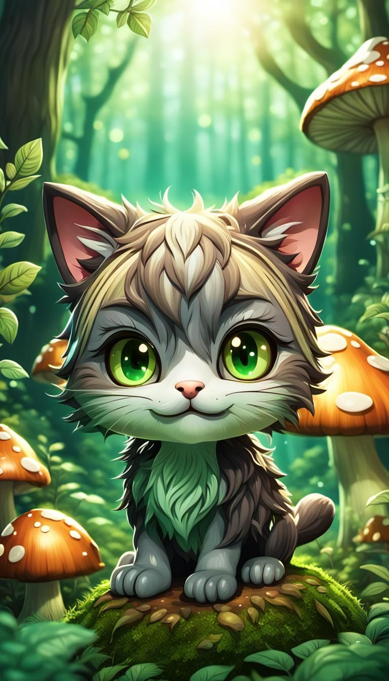 Chibi Cat in Whimsical Forest Wonderland