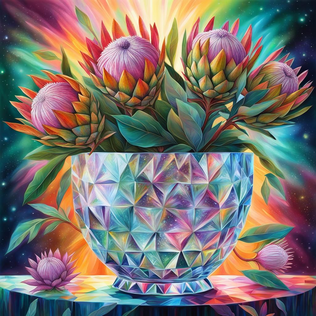 Proteas in Crystal Vase: Astral Cosmic Illustration