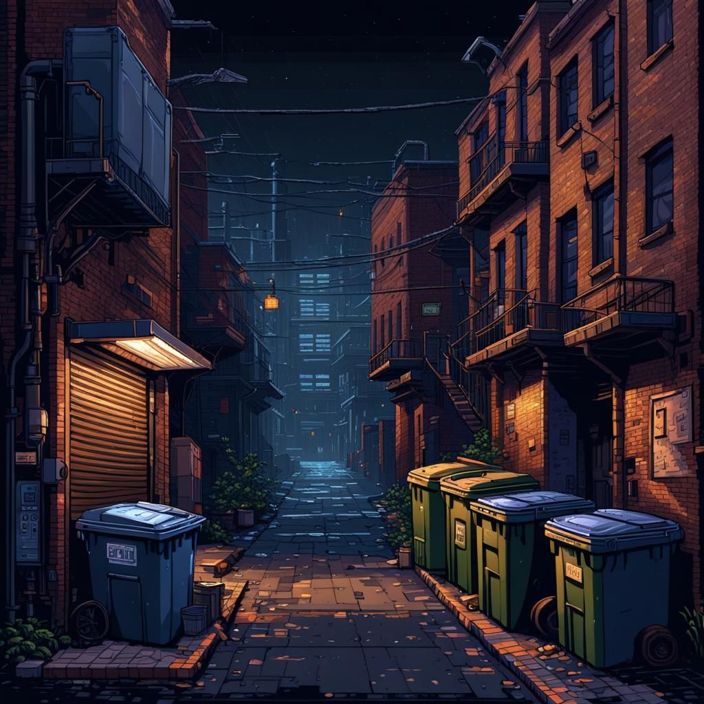 Detailed Pixel Art Back Alley at Night