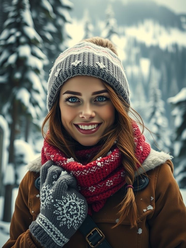 Curvy Woman in Winter Forest: Hyperrealistic Close-Up