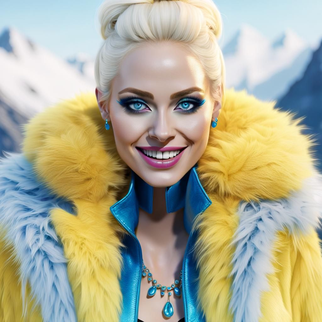 Confident Woman in Yellow Fur Jacket, Conceptual Art