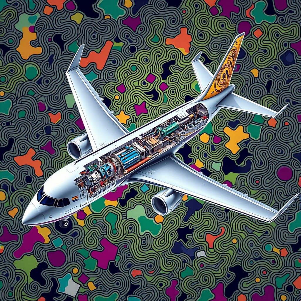 Surreal Futuristic Airbus A360 Cut-Away in Vibrant Retrofutu...