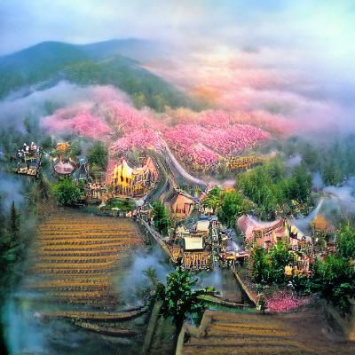 Ethereal Ryukyu Village with Blossoming Roses