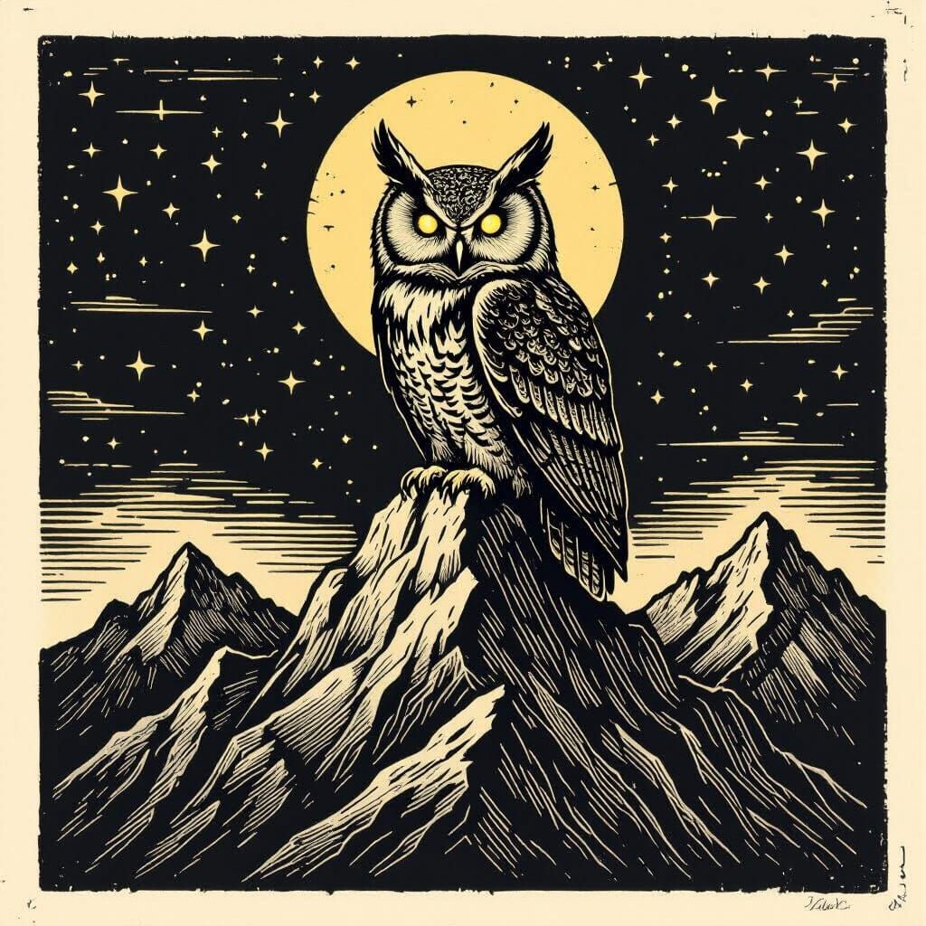 Colossal Owl on Beast Mountain in Linocut Style