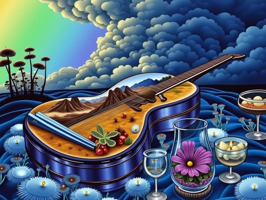 Vibrant Realistic Guitar in a Desert Scene with Whimsical To...