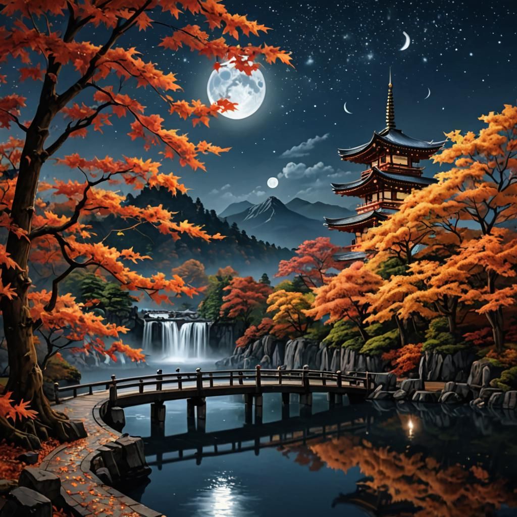 Autumn Leaves Falling on Pagoda Landscape Under Moon