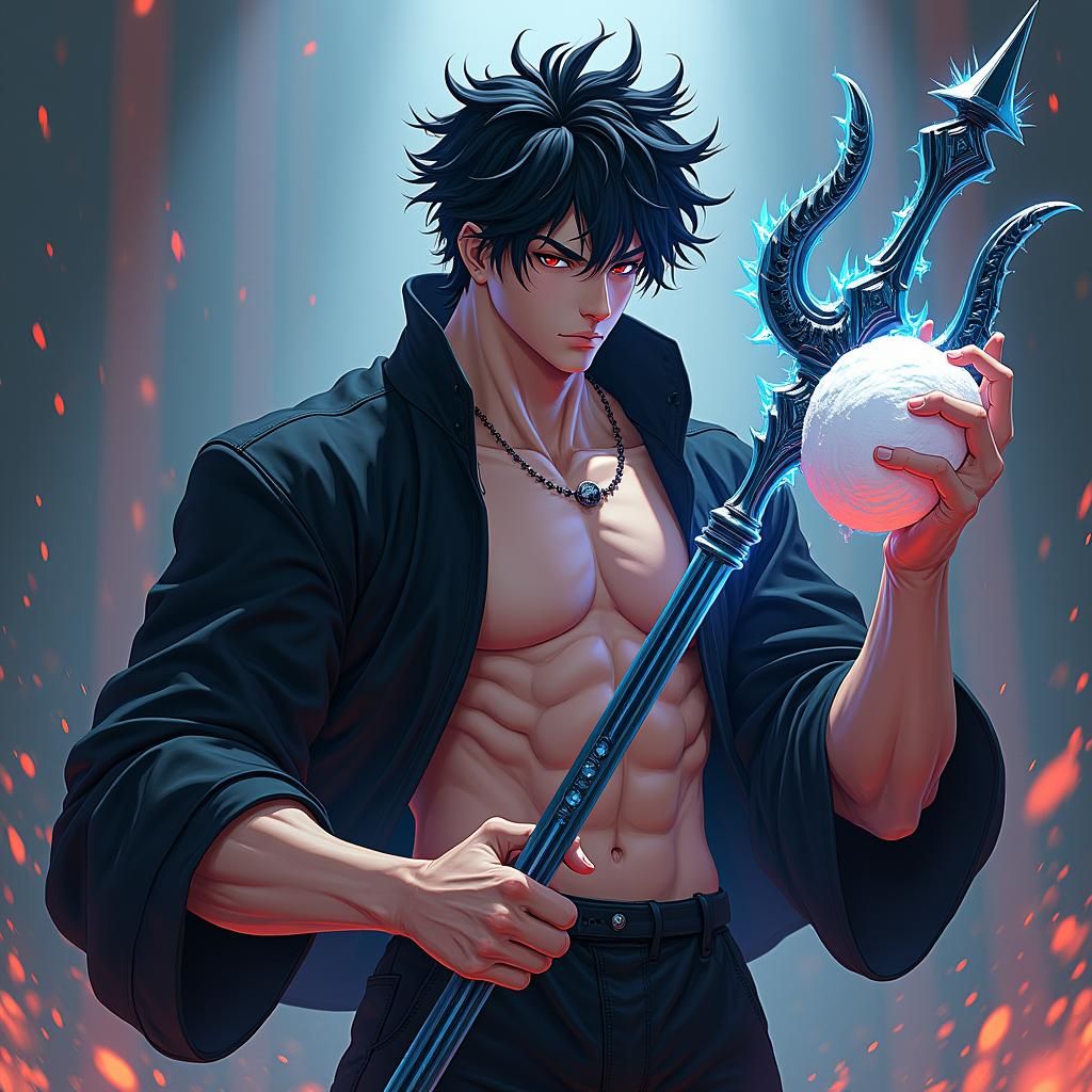 Anime Figure with Trident in Hyperrealistic Style