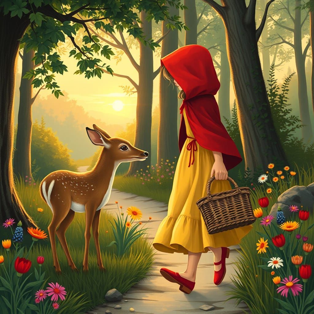 Little Girl with a Gentle Deer in Whimsical Forest Landscape