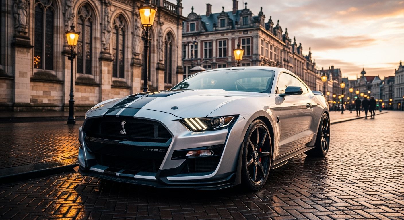 Silver Ford Mustang GT500 on Wet European Street at Sunset