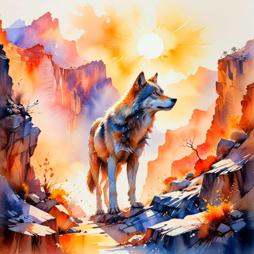 Mystical Wolf Amidst Shifting Canyon Shadows at Sunset