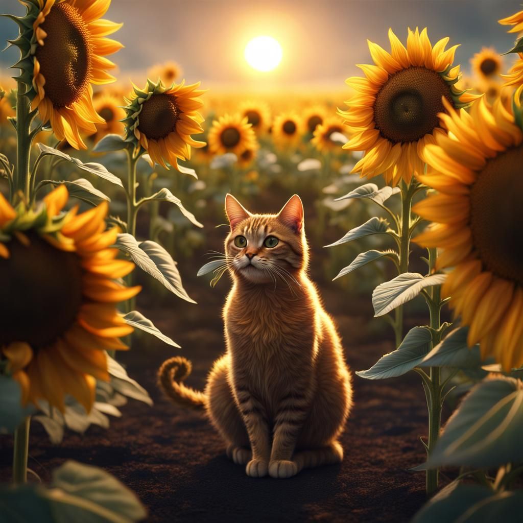 Sunflower Field with Cat and Birds in Detailed Painting