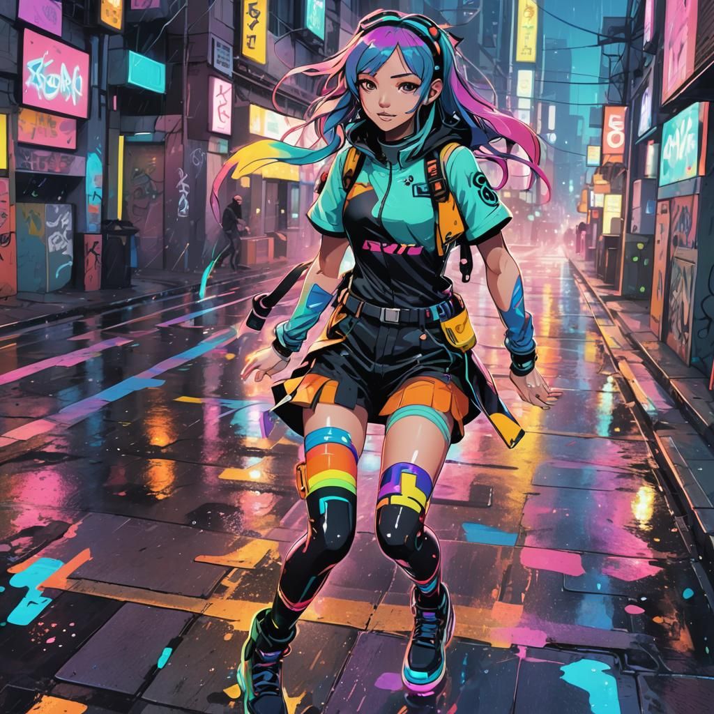 Futuristic Anime Girl in Rainbow Thigh Highs, Inspired by Je...