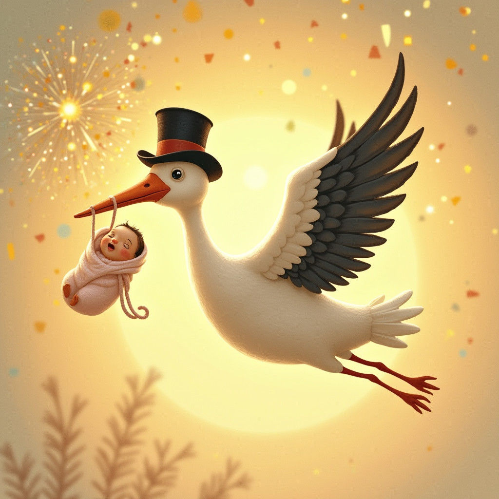 Stork Delivering New Year Baby in Storybook Style
