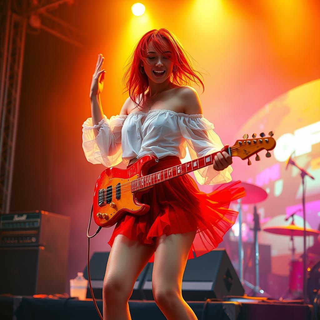 Vibrant Redhead Rockstar in Neon Dreamscape