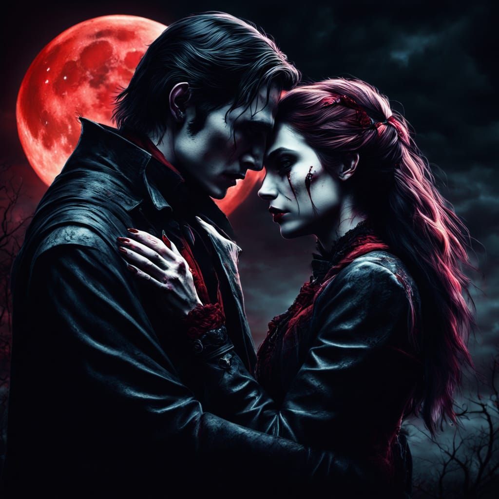 Vampire Couple Embrace Under Blood Moon in Dark Fantasy