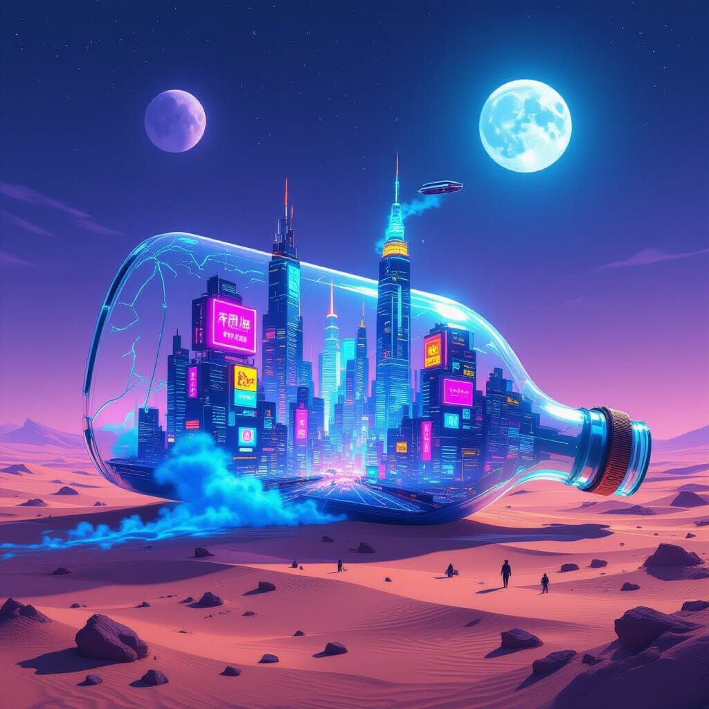 Cyberpunk City Glows Inside Desert Bottle