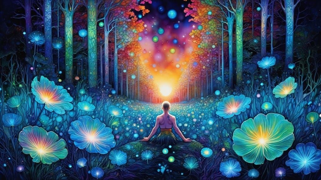 Surreal Woman with Bioluminescent Hair in Fantastical Garden