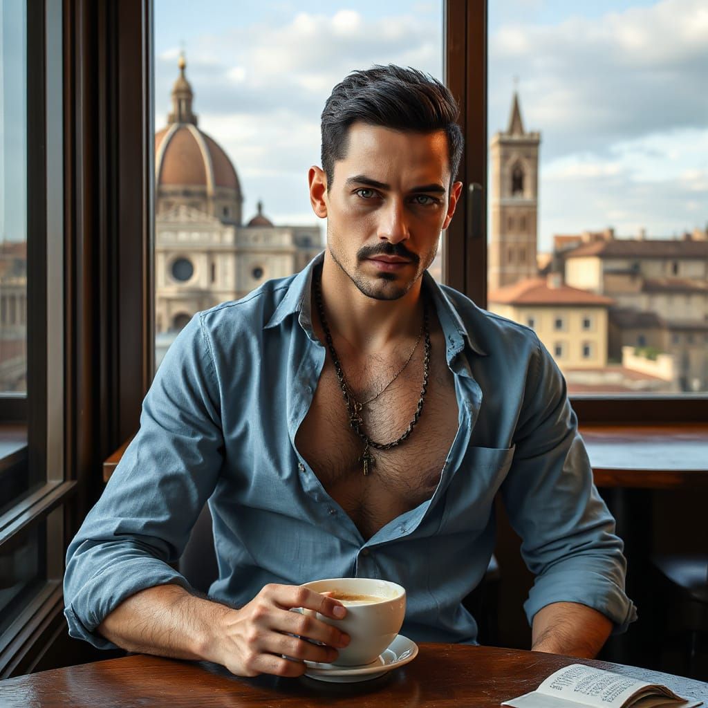 Handsome Man Sipping Coffee in Florence: 3D Cinematic Render