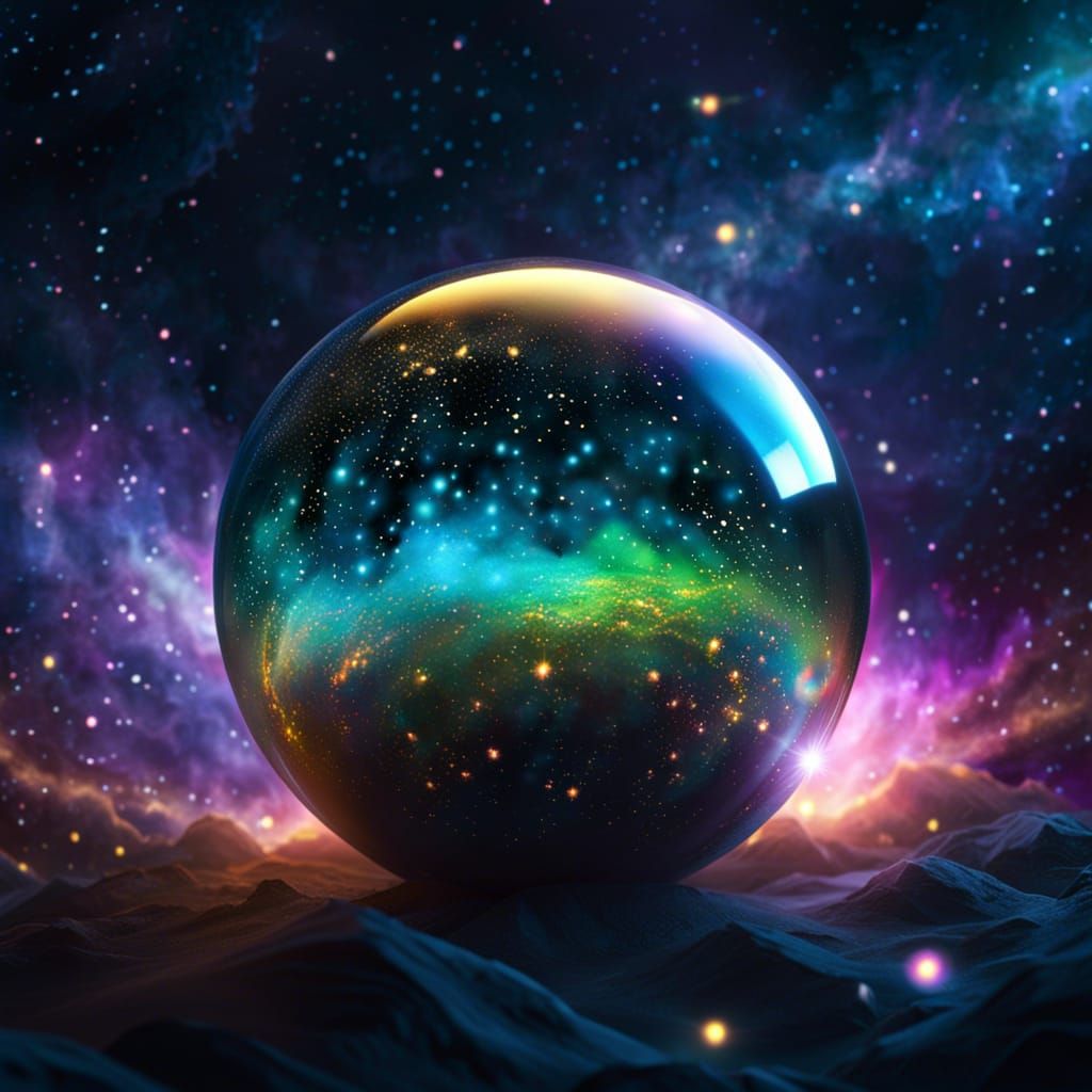 Iridescent Glass Sphere with Fireflies and Nebula