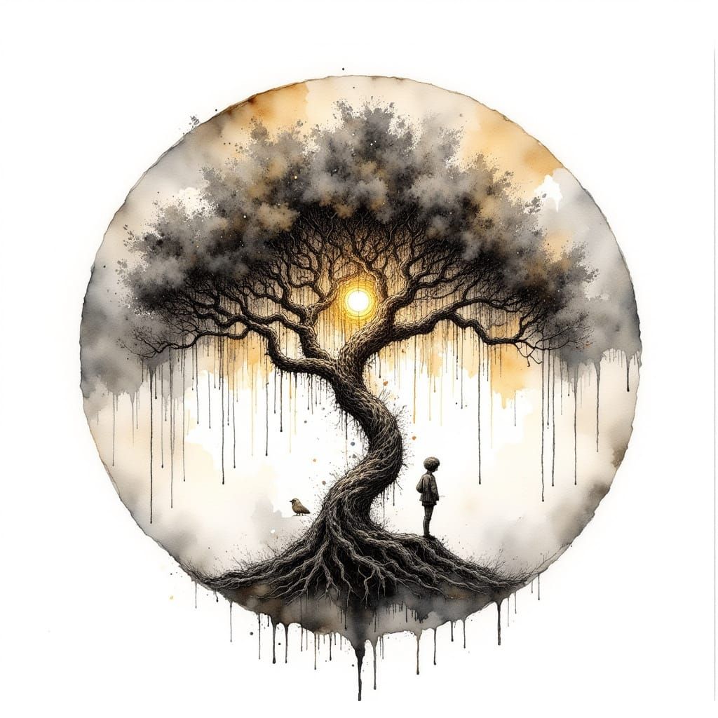 Elegant Sumi-e Tree of Life in Black Ink with Celtic Knot Pa...