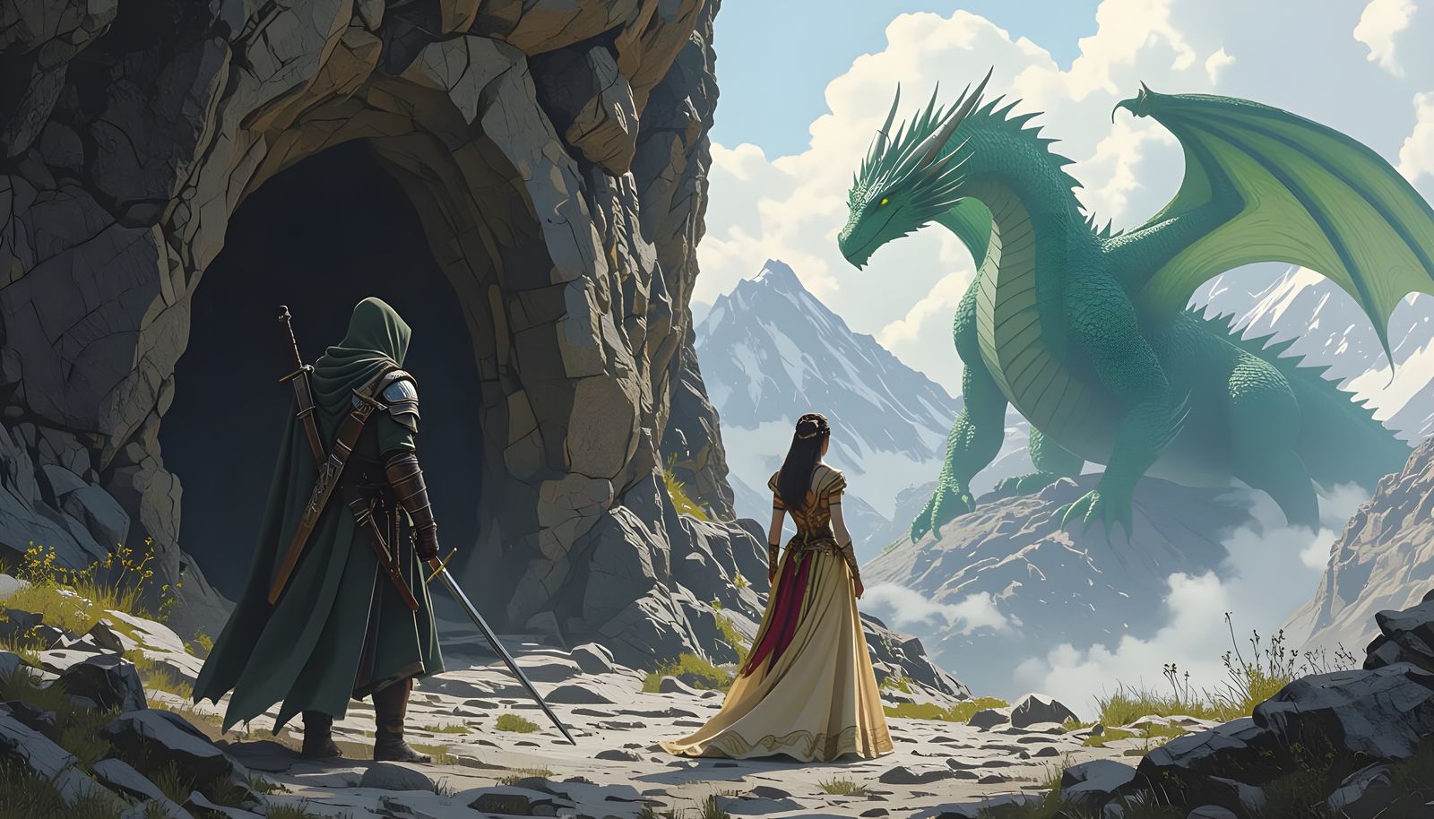 Soldier and Dancer Approach Dragon Cave in Mountain