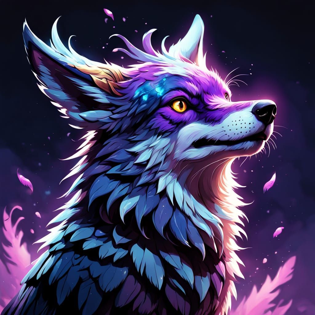 Purple Wolf with Pigeon Wearing Hat in Vibrant Splash Art St...