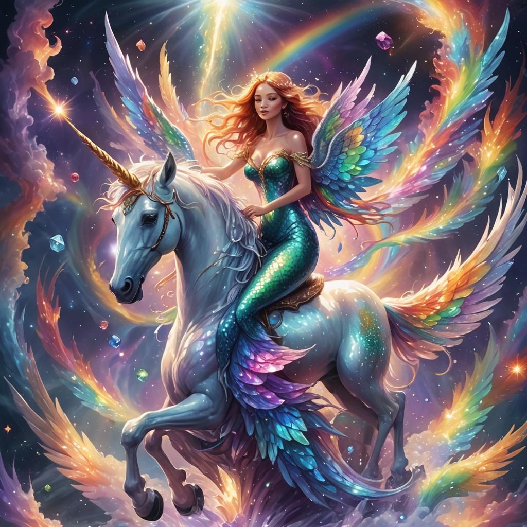 Crystal Mermaid Rides Rainbow Unicorn in Plasma Storm