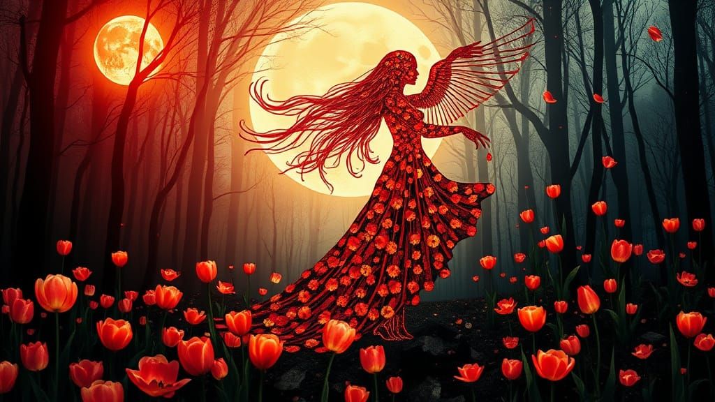 Blodeuwedd: Iridescent Woman Blossoming from Forest Floor