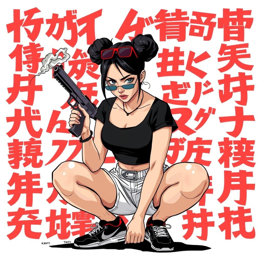 Confident Woman with Smoking Gun in Manga Style