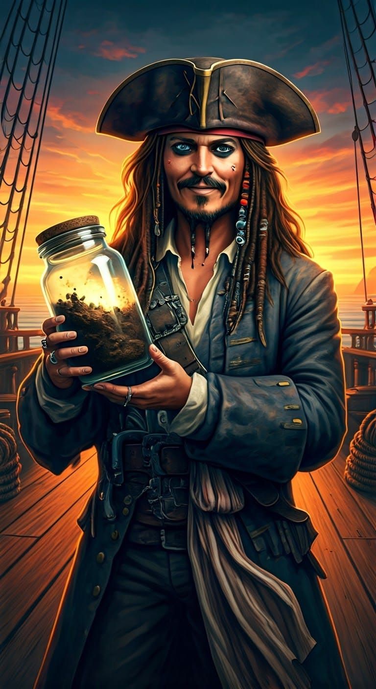 Pirate Captain Jack Sparrow Holds Glowing Jar of Dirt in 3D...
