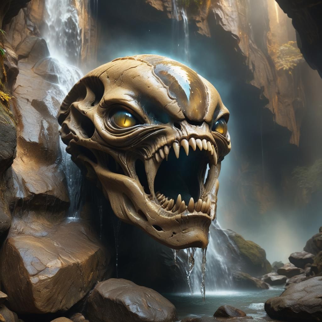 Fossilized Alien Head Waterfall: Digital Matte Painting
