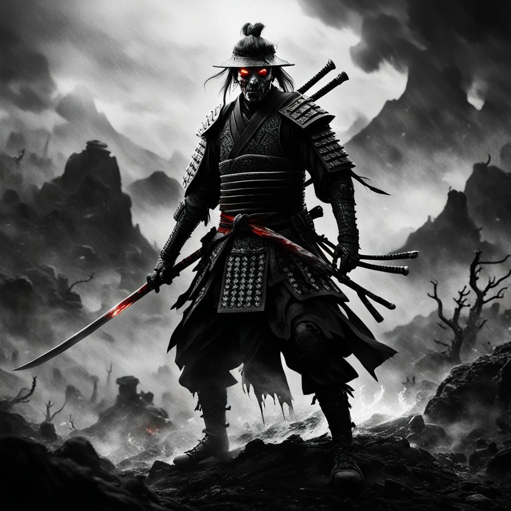 Flaming Zombie Samurai with Katana in Hellish Landscape