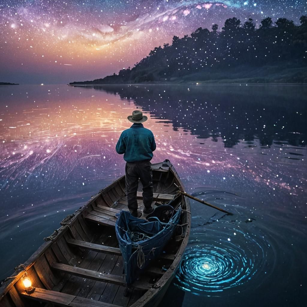 Cosmic Fisherman in Starry Vortex, in Van Gogh Style
