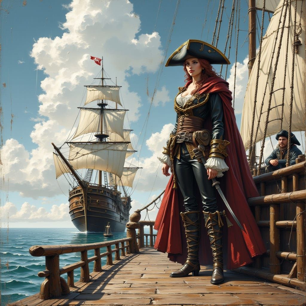 Lady Pirate and Male Pirate on Ship Deck