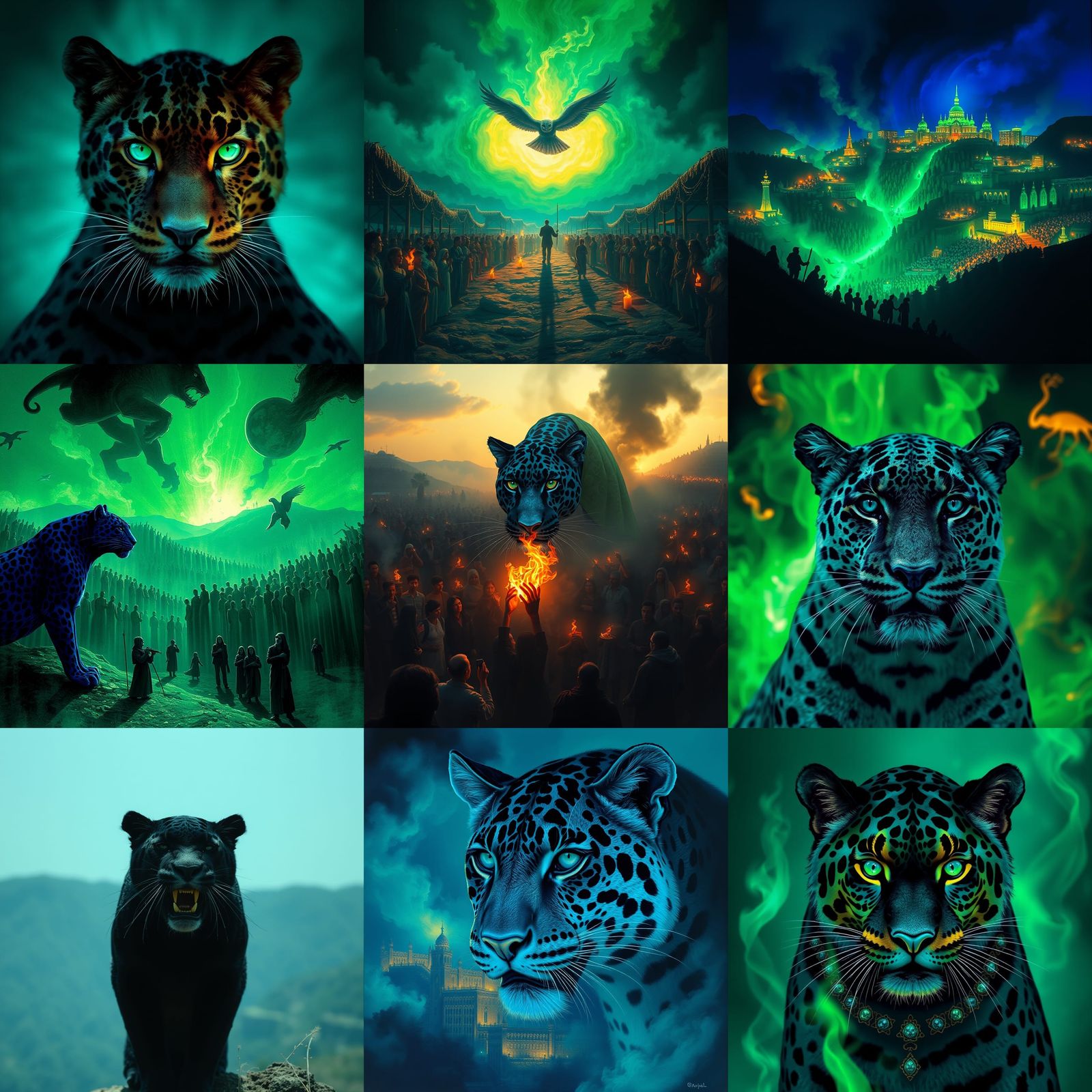 Teal Cityscape with Blue Jaguar and Owl God